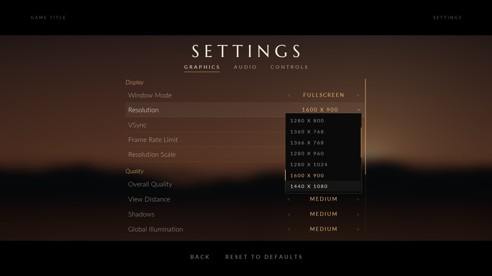 Prologue settings with the resolution dropdown open