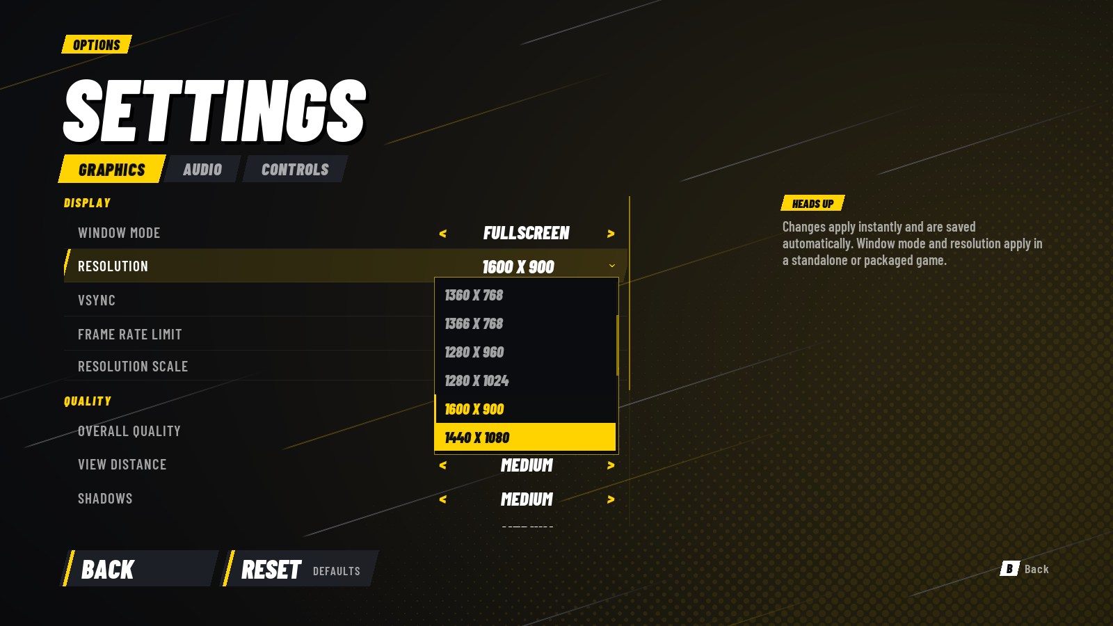 Strike settings with the resolution dropdown open