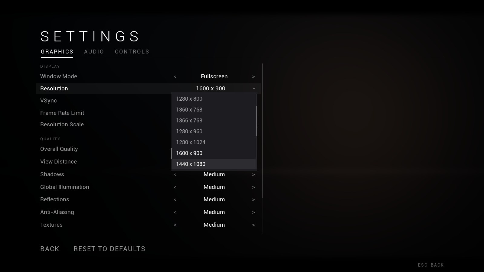 Settings with the resolution dropdown open