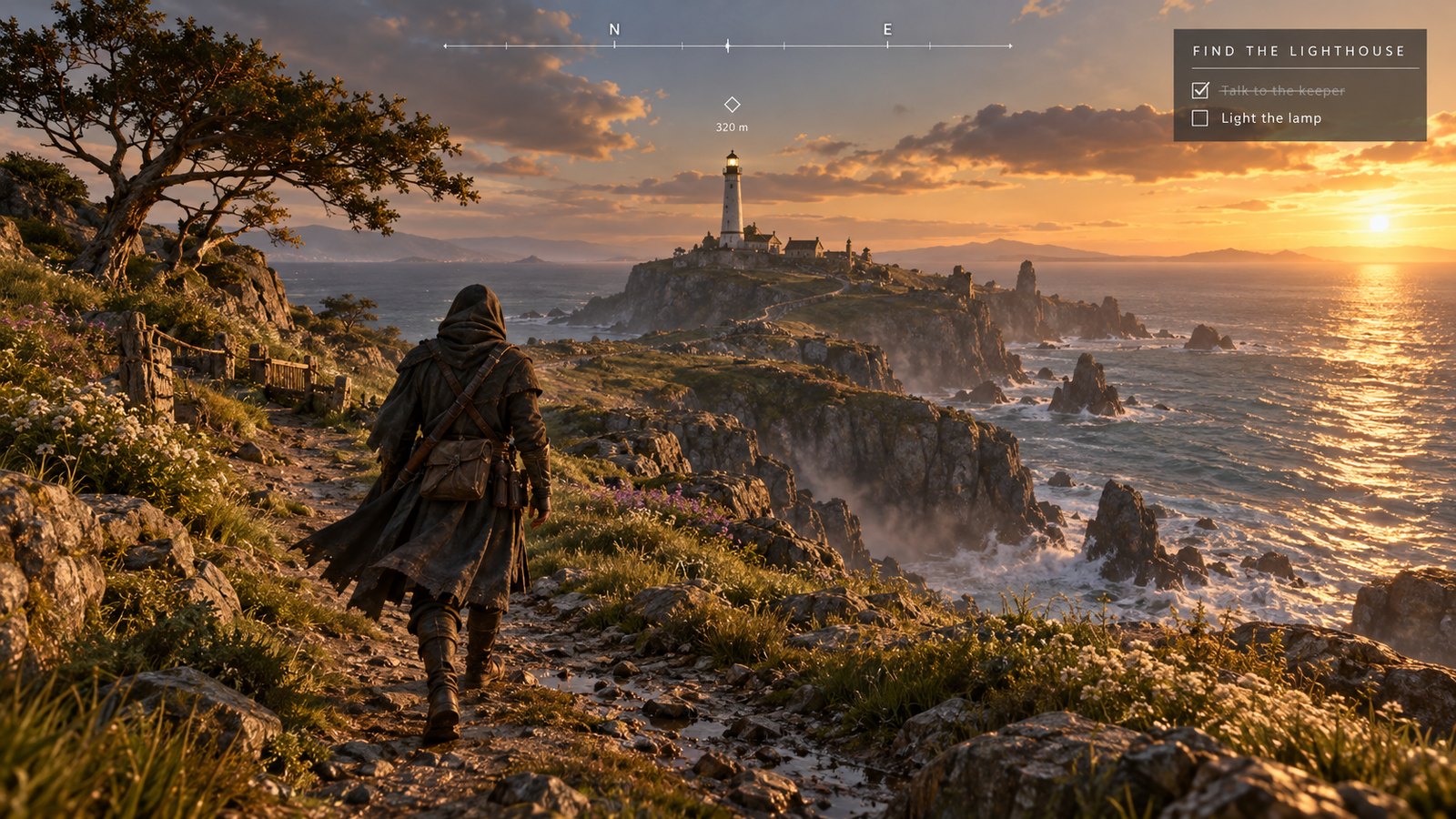 Concept image of a compass bar and objective tracker in game